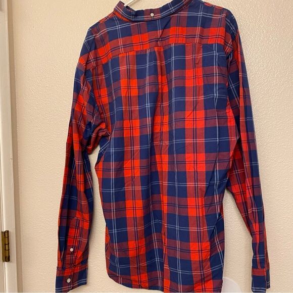 Old Navy red white Blue Striped Plaid Button Up Shirt long sleeve slim fit XL - Picture 2 of 9